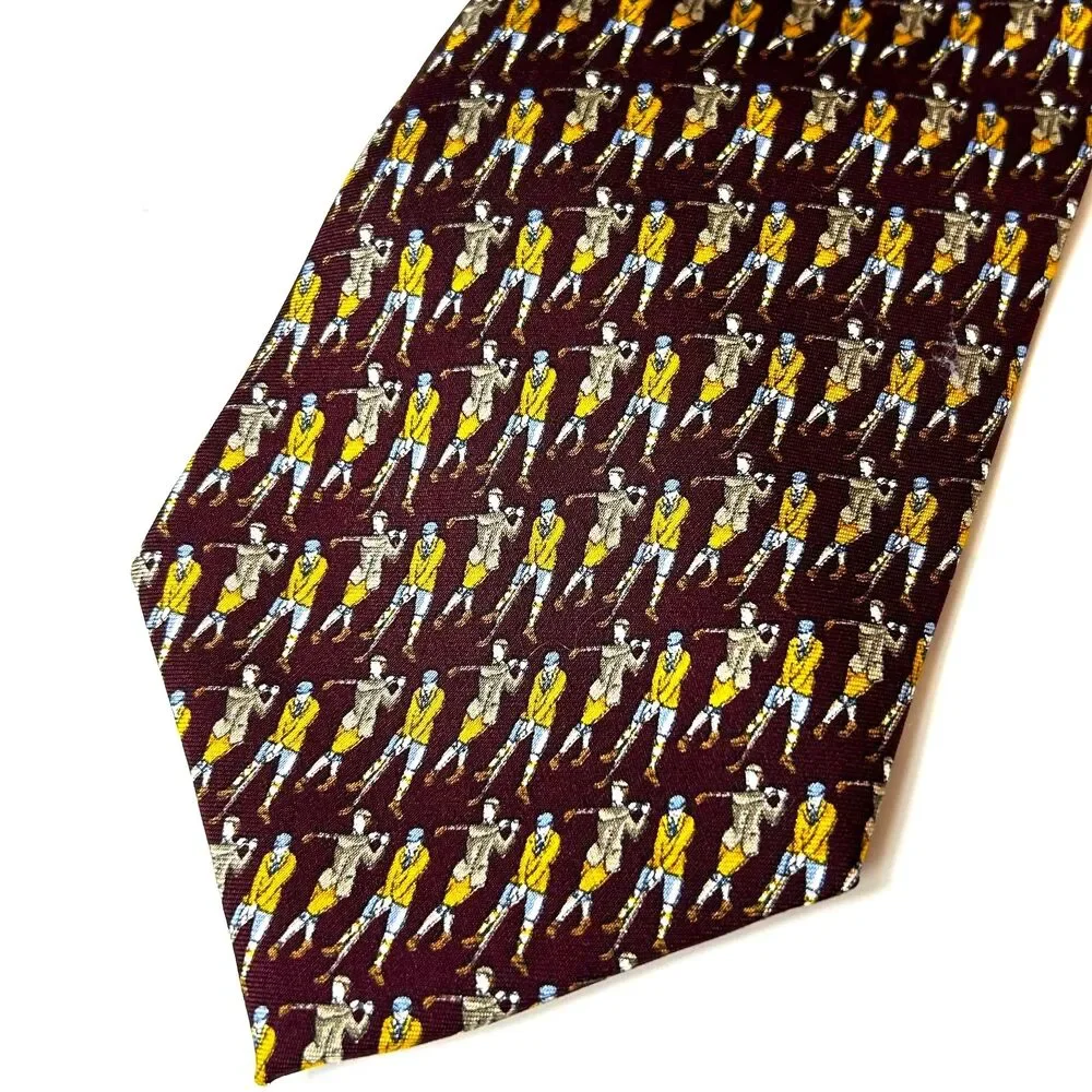 Brooks Brother Men's Burgundy Gold Golfer Print 100% Silk Tie
